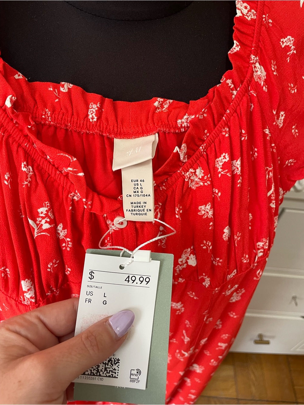 H&M Red Floral Smocked-Neck Puff Sleeve Dress - Picture 4 of 5